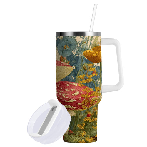 30 oz Insulated Stainless Steel Tumbler Double Wall Stainless Steel Tumbler with 2-Way Drinking Red Mushrooms with Flowers C449E