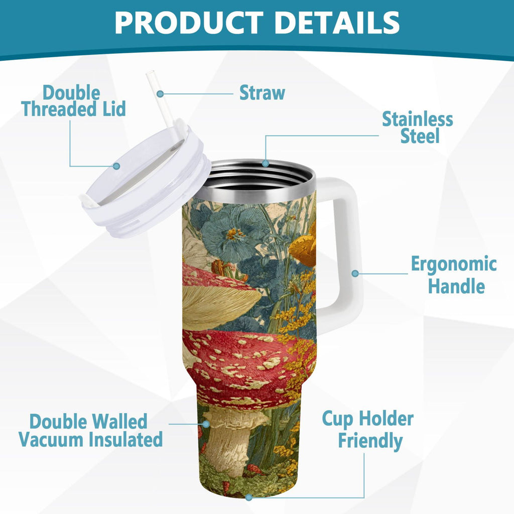 30 oz Insulated Stainless Steel Tumbler Double Wall Stainless Steel Tumbler with 2-Way Drinking Red Mushrooms with Flowers C449E