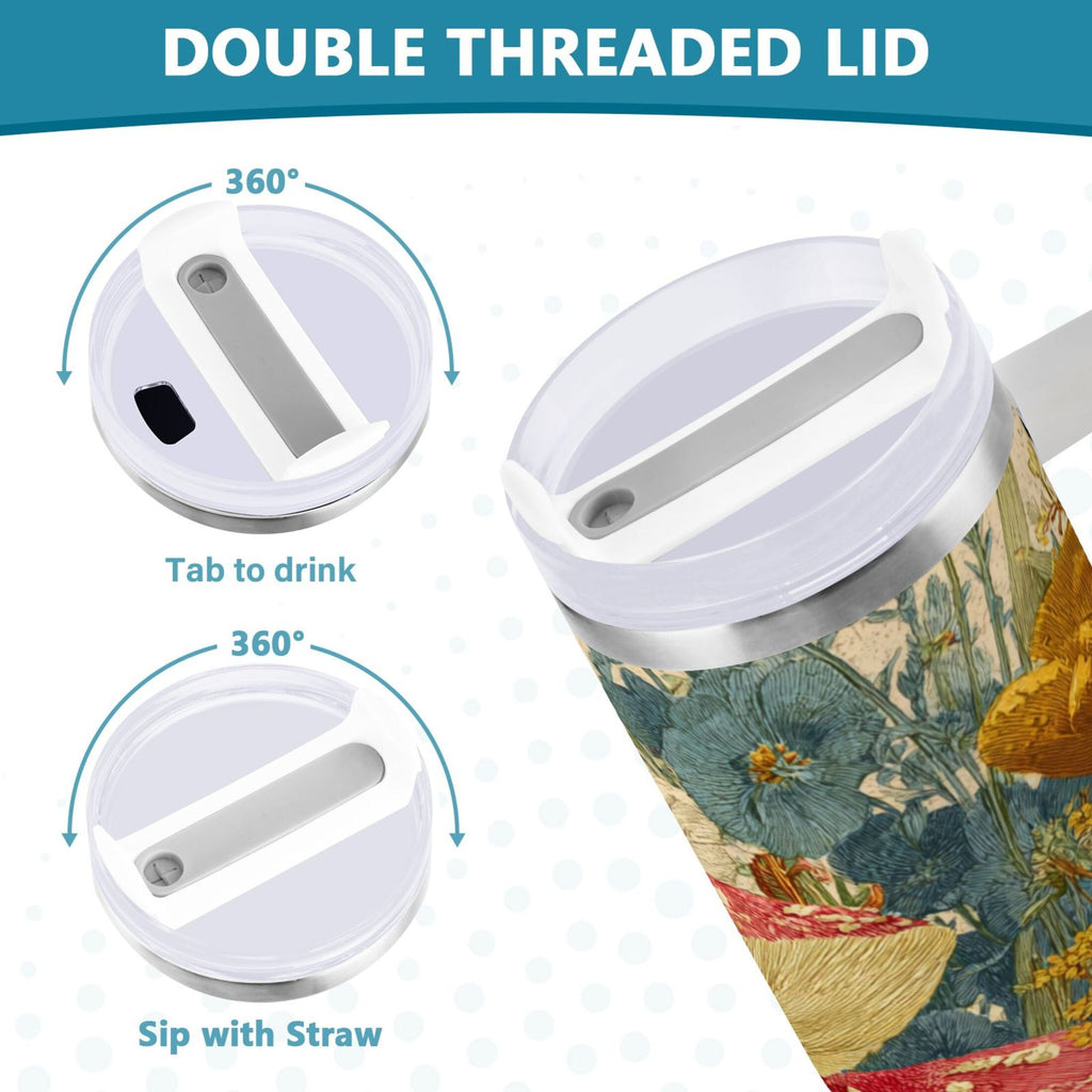 30 oz Insulated Stainless Steel Tumbler Double Wall Stainless Steel Tumbler with 2-Way Drinking Red Mushrooms with Flowers C449E