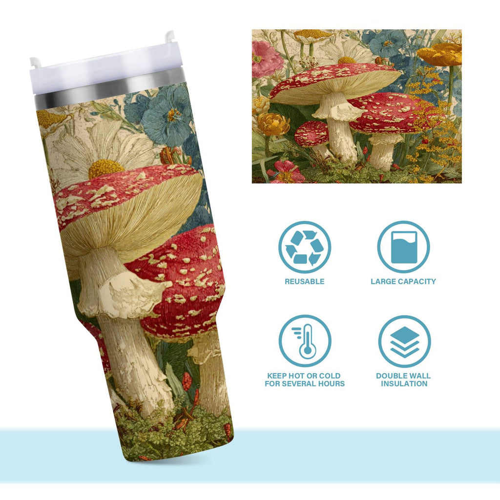 30 oz Insulated Stainless Steel Tumbler Double Wall Stainless Steel Tumbler with 2-Way Drinking Red Mushrooms with Flowers C449E
