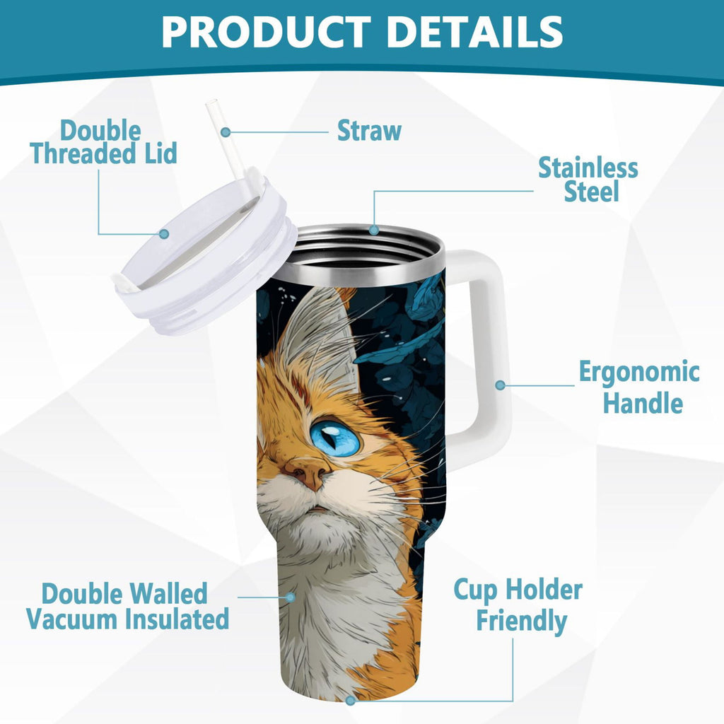30 oz Insulated Stainless Steel Tumbler Double Wall Stainless Steel Tumbler with 2-Way Drinking Orange Cat with Blue Eyes C585S