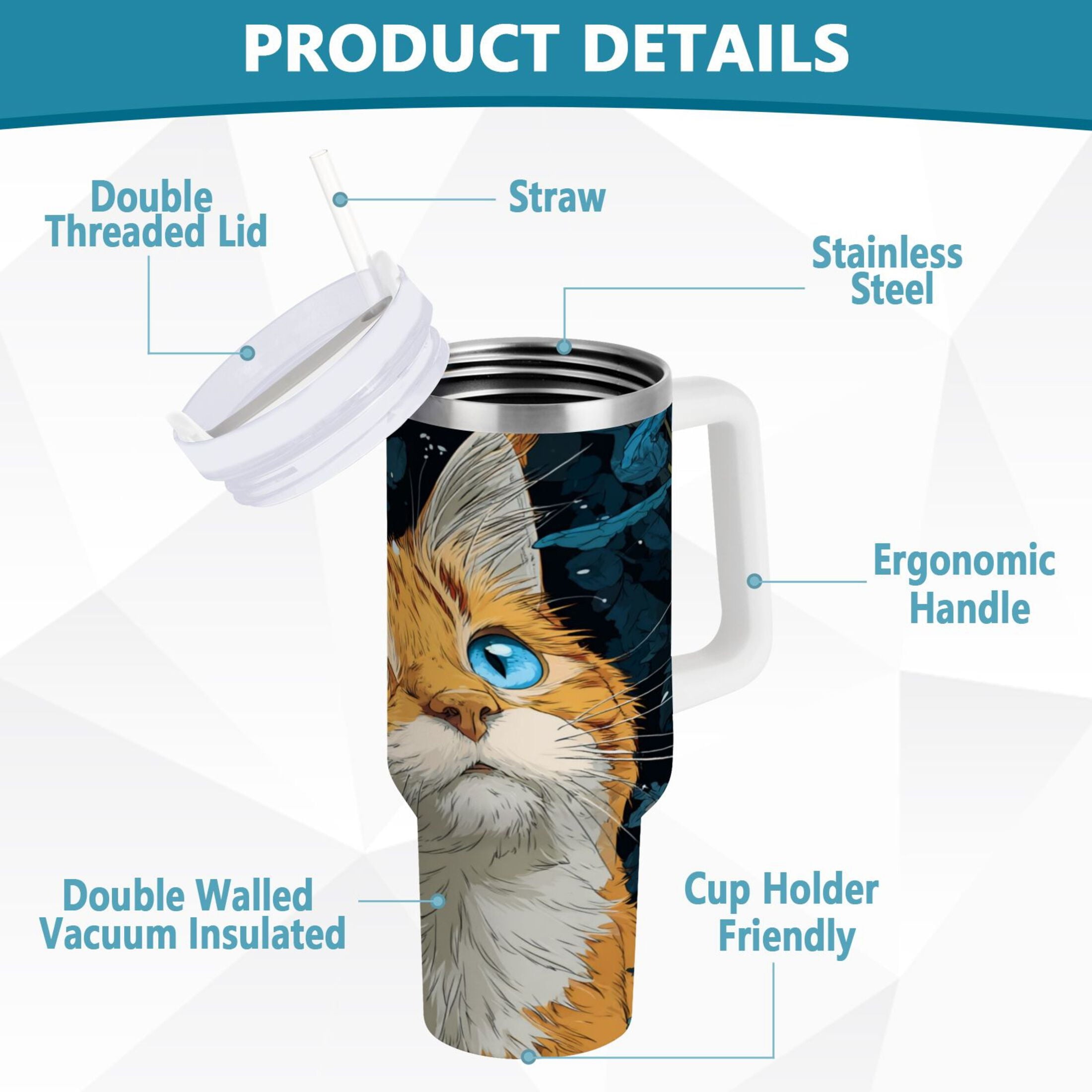 30 oz Insulated Stainless Steel Tumbler Double Wall Stainless Steel Tumbler with 2-Way Drinking Orange Cat with Blue Eyes C585S