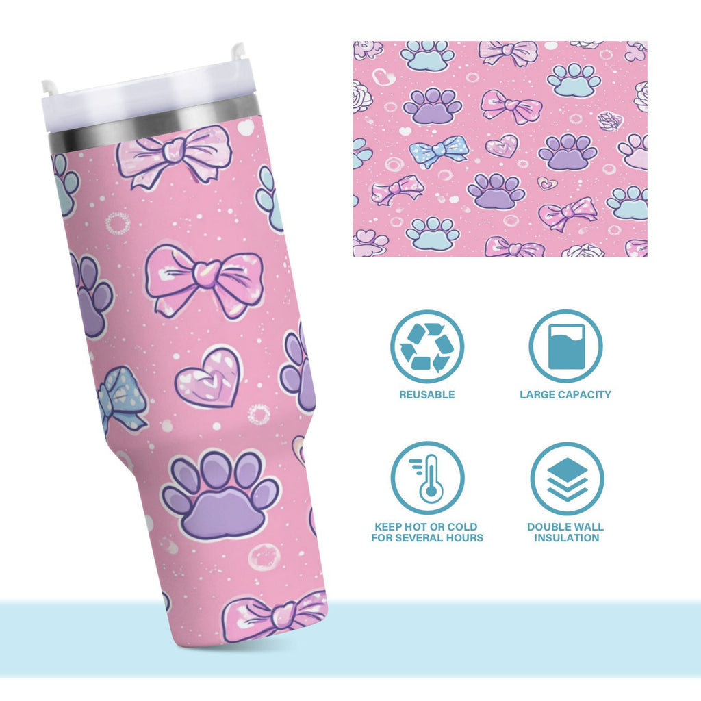 30 oz Insulated Stainless Steel Tumbler Double Wall Stainless Steel Tumbler with 2-Way Drinking Dog Paw Prints and Bows C648Y