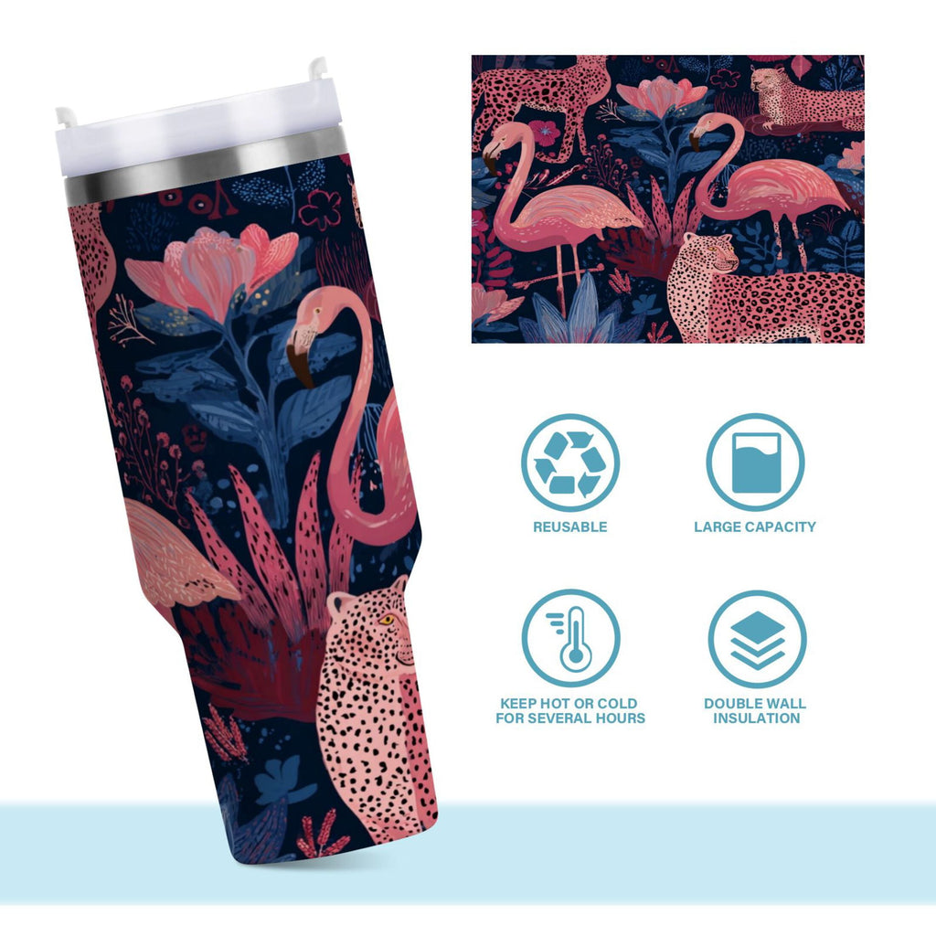 30 oz Insulated Stainless Steel Tumbler Double Wall Stainless Steel Tumbler with 2-Way Drinking Flamingos and Leopard Print C568Z