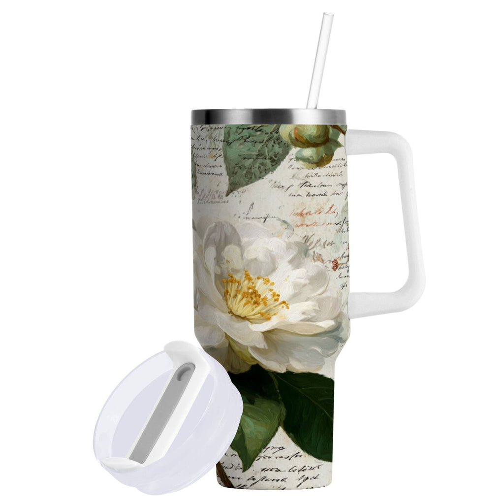 40 oz Insulated Stainless Steel Tumbler Double Wall Stainless Steel Tumbler with 2-Way Drinking Vintage White Camellias C622K