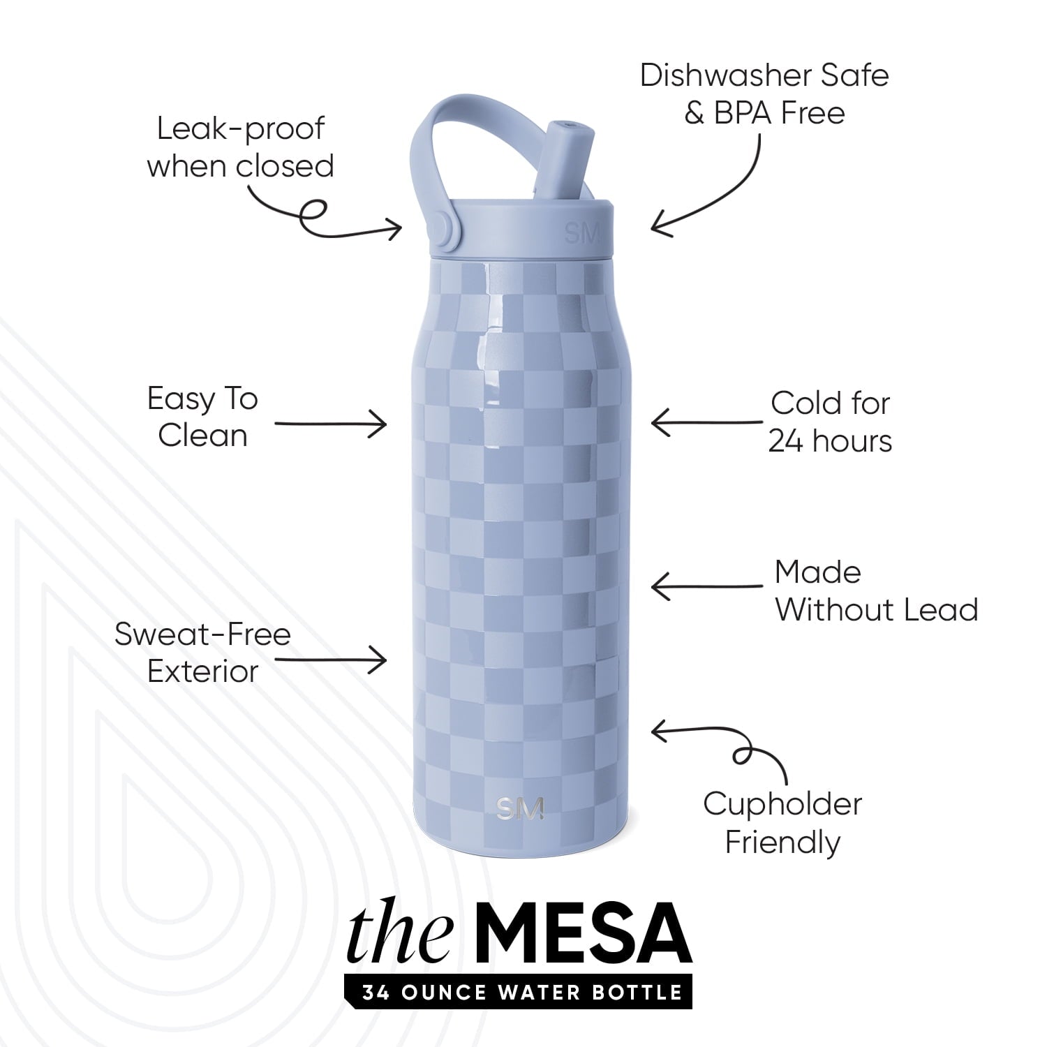 Simple Modern 34 fl oz Insulated Stainless Steel Mesa Wide Mouth Water Bottle with Handle and Push Button Straw Lid | Mystifying Blue Checkmate C410W