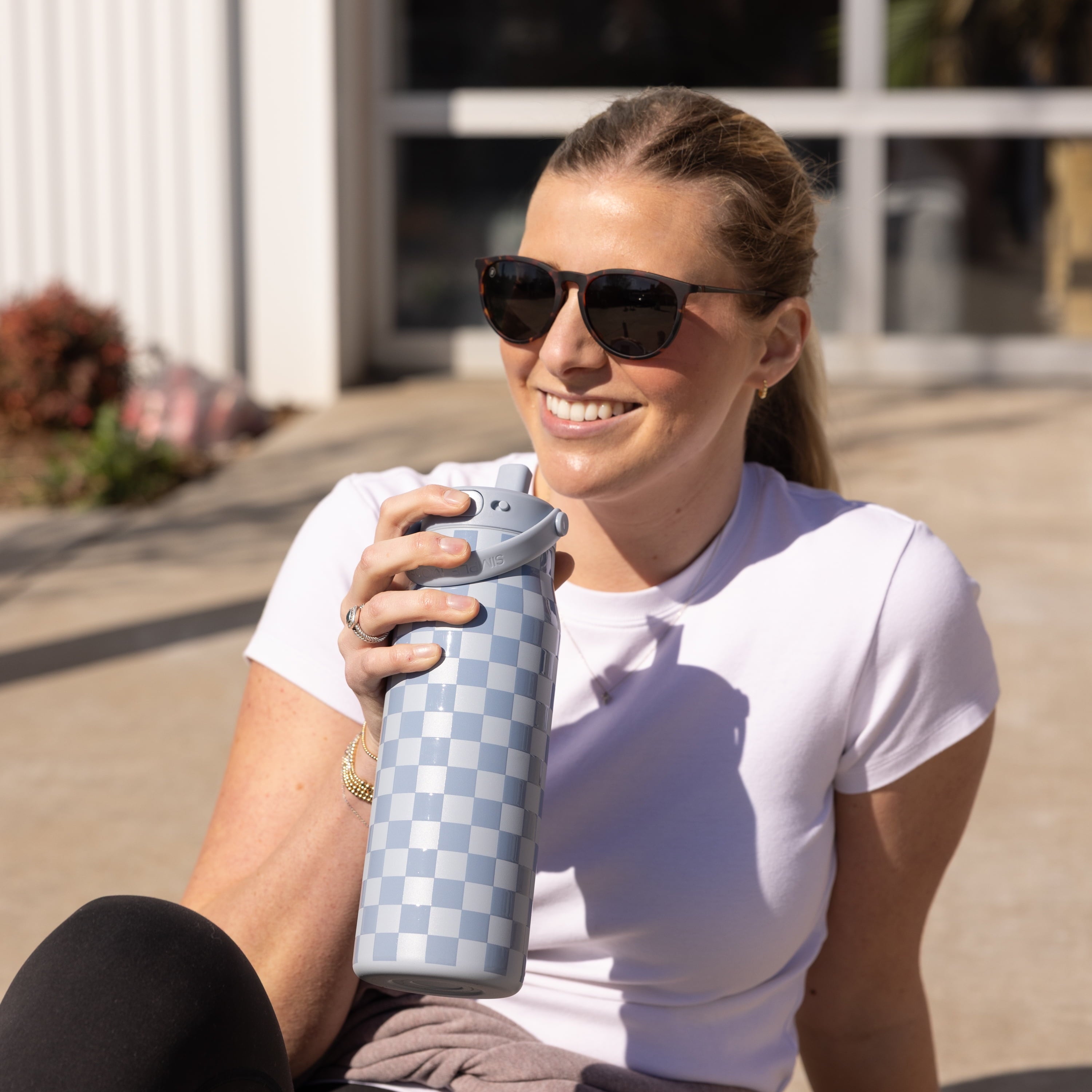 Simple Modern 34 fl oz Insulated Stainless Steel Mesa Wide Mouth Water Bottle with Handle and Push Button Straw Lid | Mystifying Blue Checkmate C410W