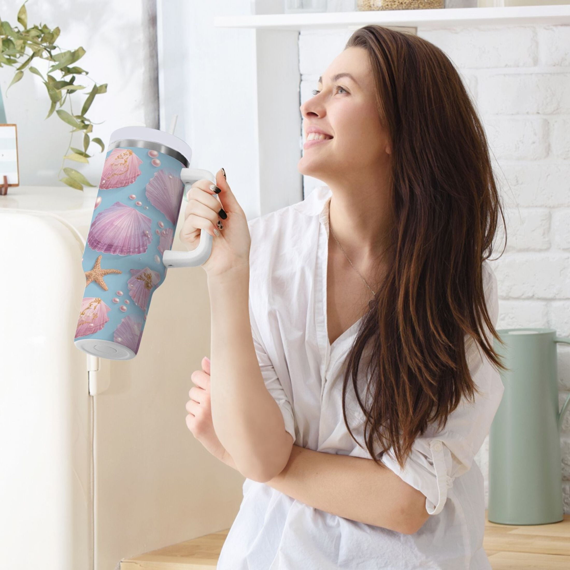40 oz Insulated Stainless Steel Tumbler Double Wall Stainless Steel Tumbler with 2-Way Drinking Seashells and Pearls Pattern C569V
