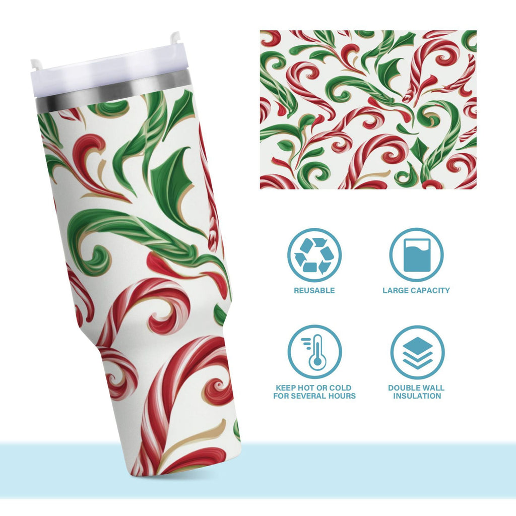 40 oz Insulated Stainless Steel Tumbler Double Wall Stainless Steel Tumbler with 2-Way Drinking Red and Green Candy-cane C573M