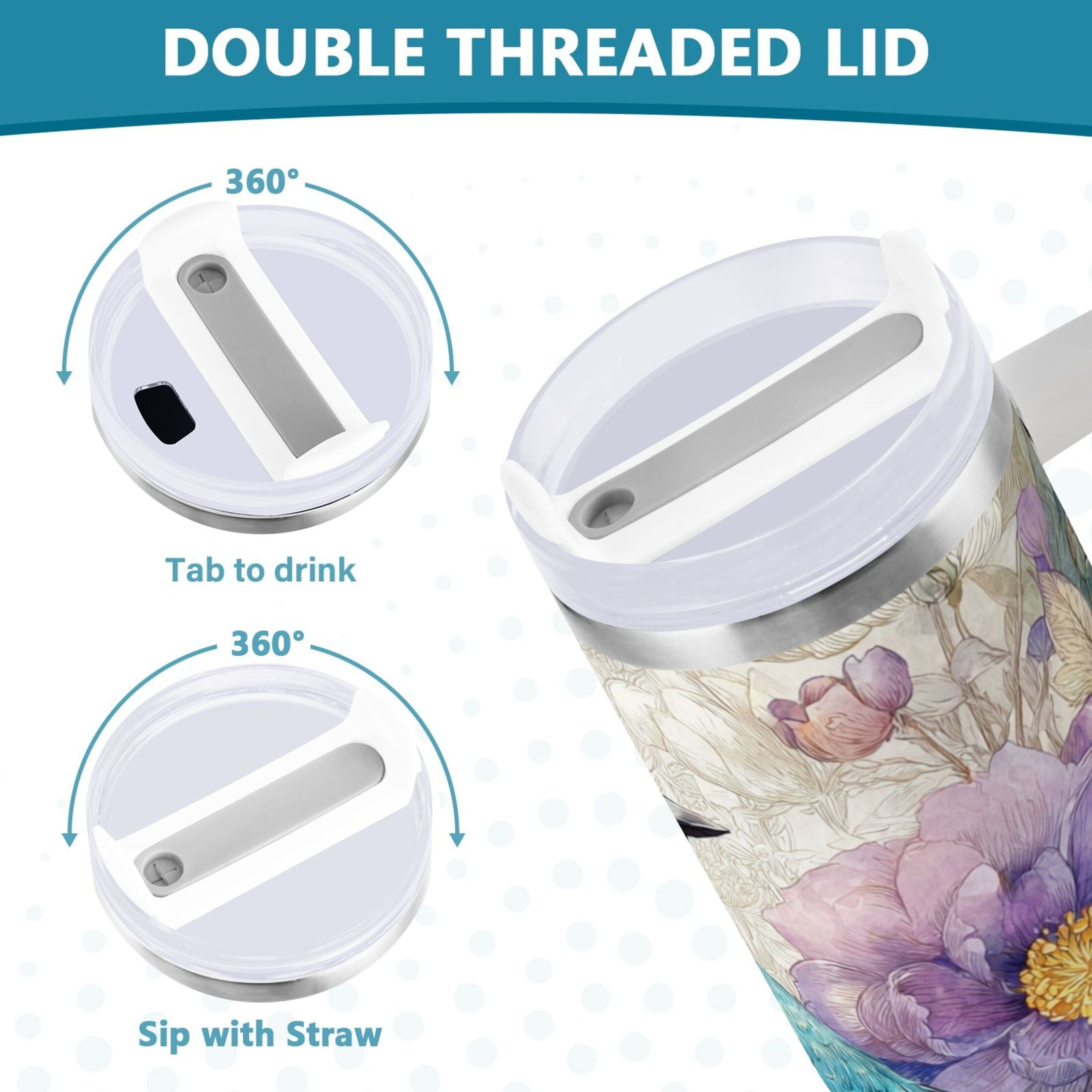 30 oz Insulated Stainless Steel Tumbler Double Wall Stainless Steel Tumbler with 2-Way Drinking Bluebird and Flower C538D