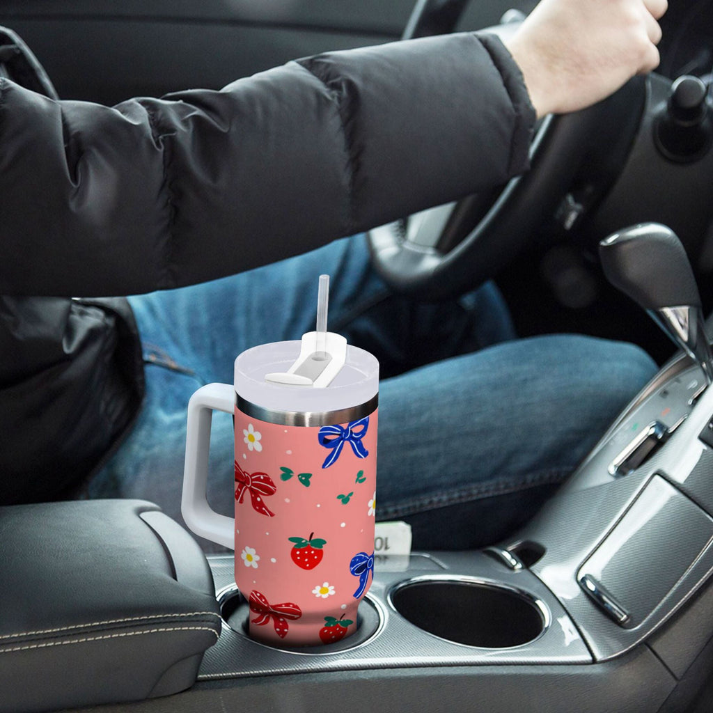 40 oz Insulated Stainless Steel Tumbler Double Wall Stainless Steel Tumbler with 2-Way Drinking Bows and Strawberries Pattern C511T