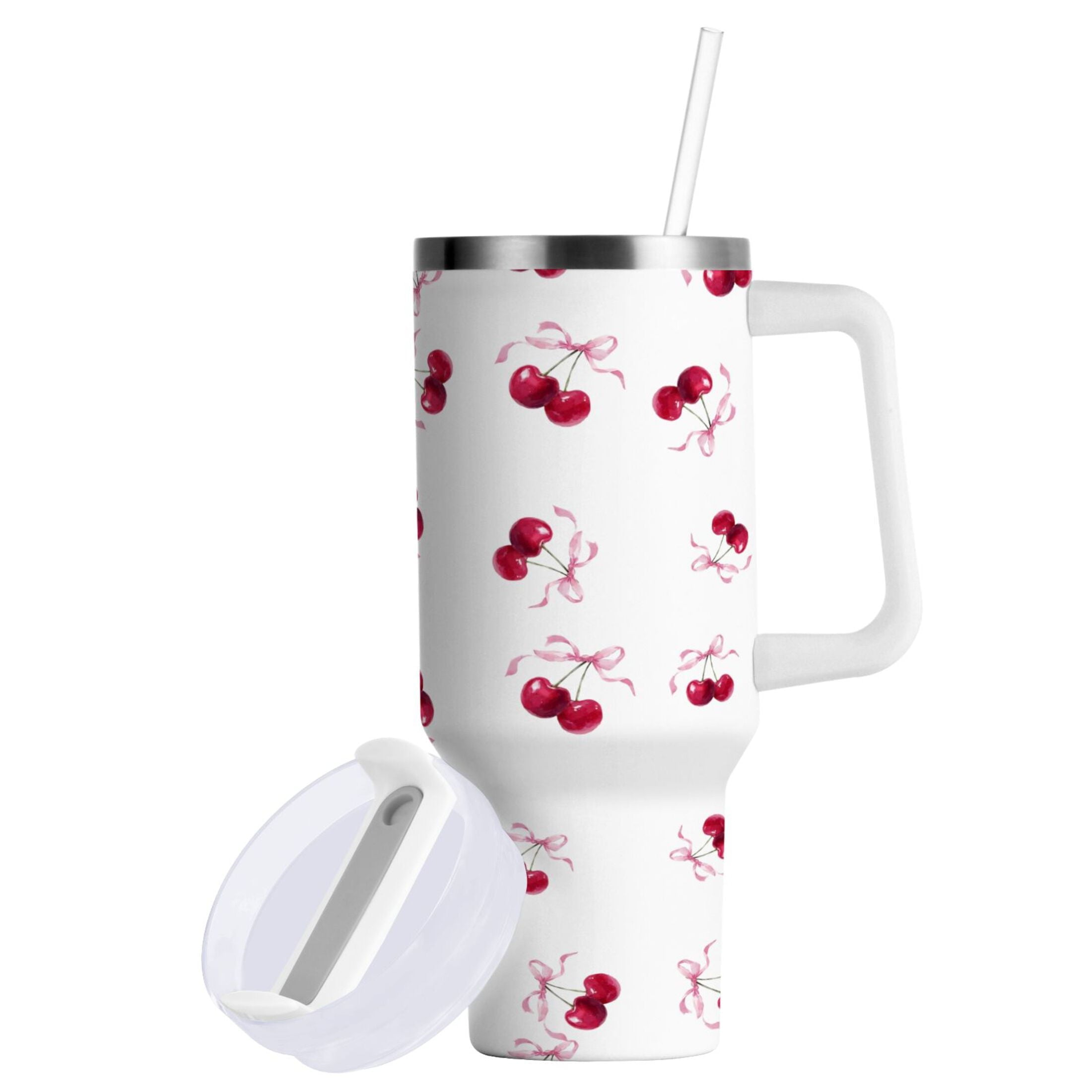 30 oz Insulated Stainless Steel Tumbler Double Wall Stainless Steel Tumbler with 2-Way Drinking Watercolor Cherries Pattern C604S
