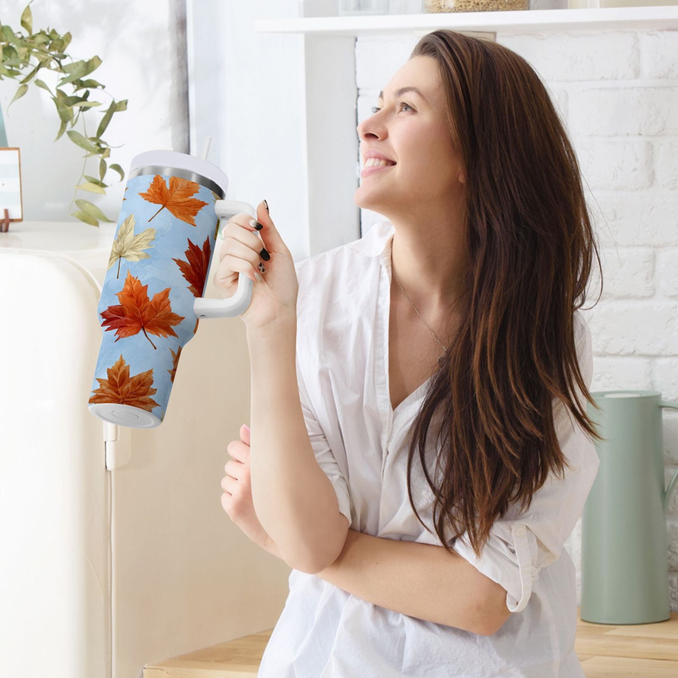 30 oz Insulated Stainless Steel Tumbler Double Wall Stainless Steel Tumbler with 2-Way Drinking Autumn Maple Leaves C641A