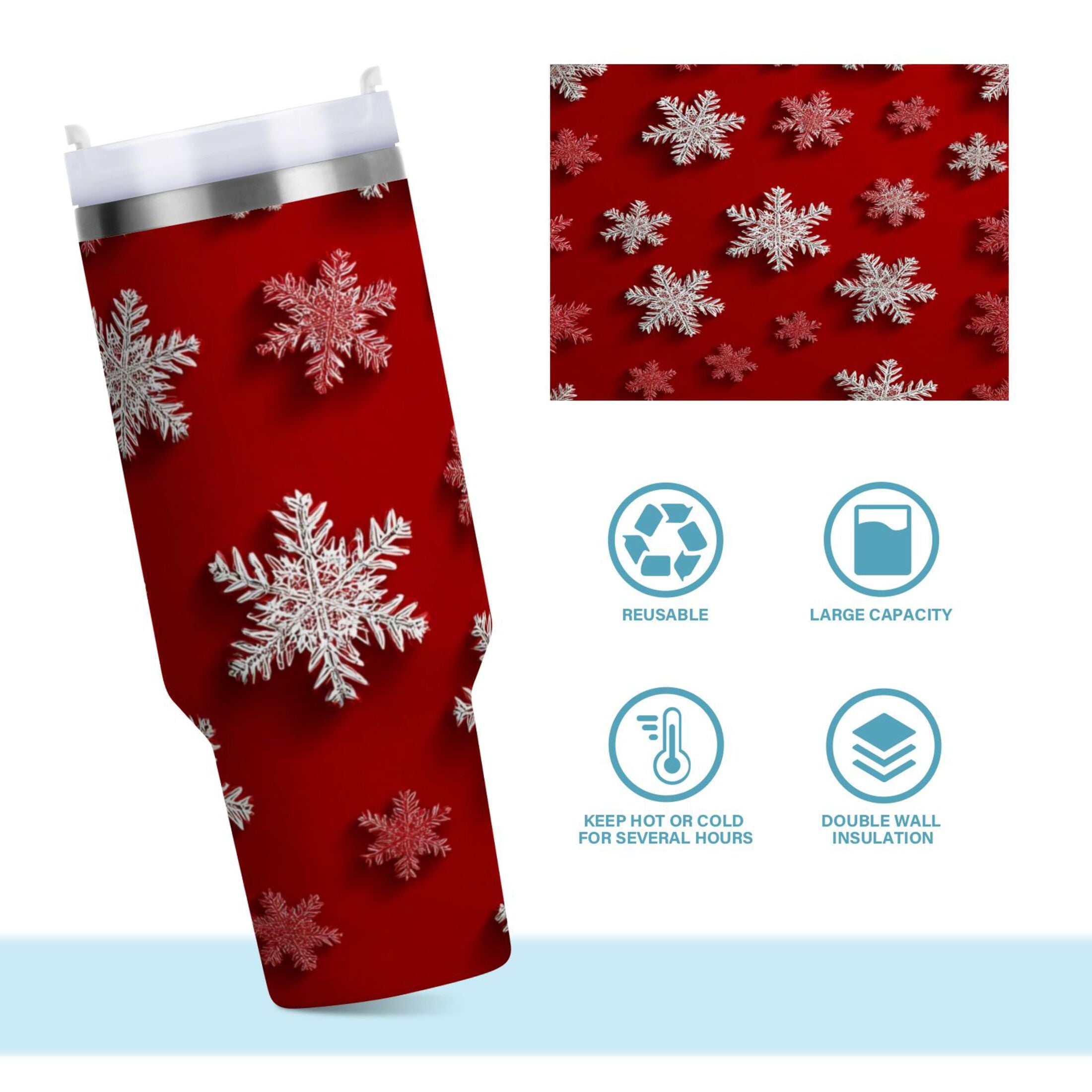 30 oz Insulated Stainless Steel Tumbler Double Wall Stainless Steel Tumbler with 2-Way Drinking Red and White Snowflakes C554D