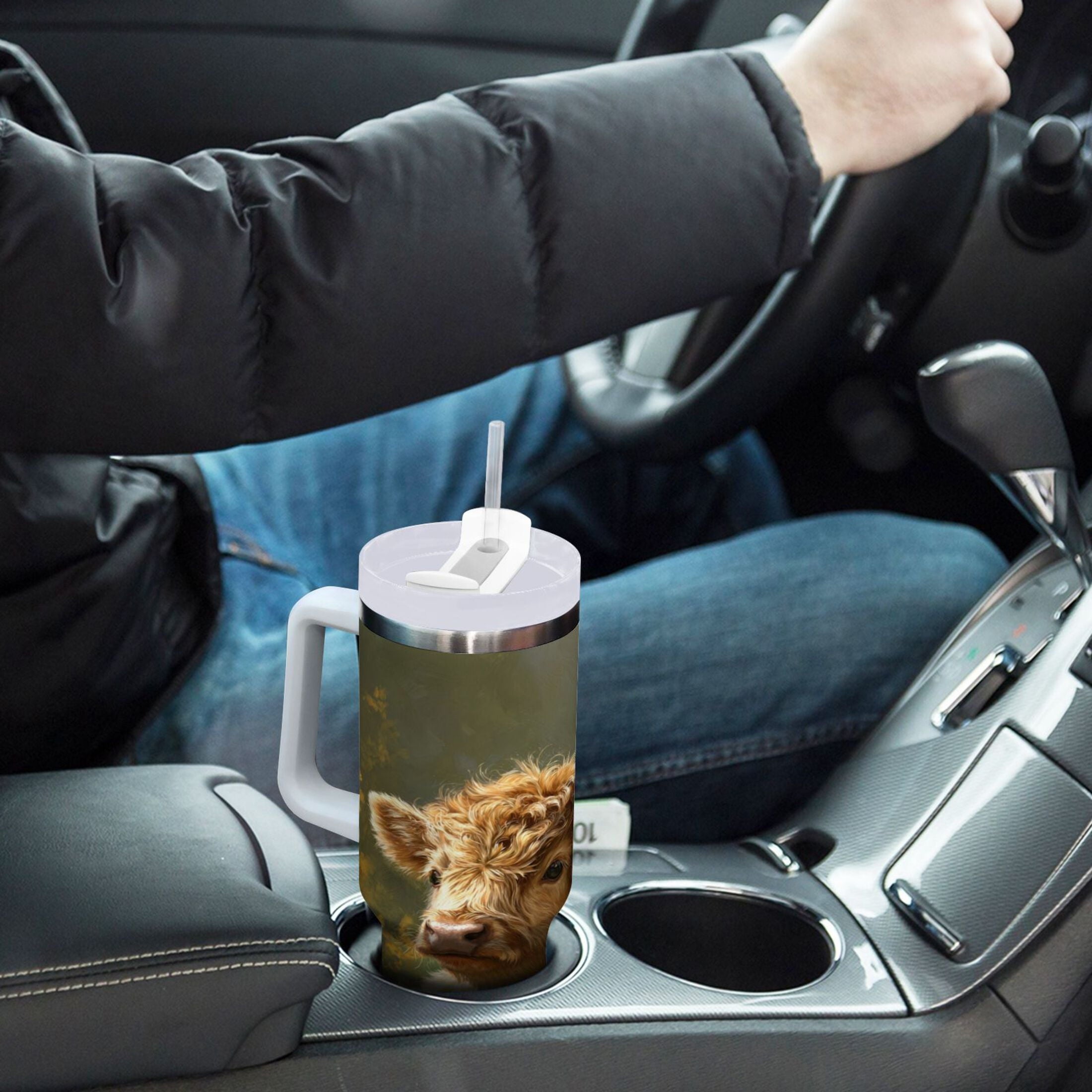 40 oz Insulated Stainless Steel Tumbler Double Wall Stainless Steel Tumbler with 2-Way Drinking Cow Lying in Sunflowers C665L