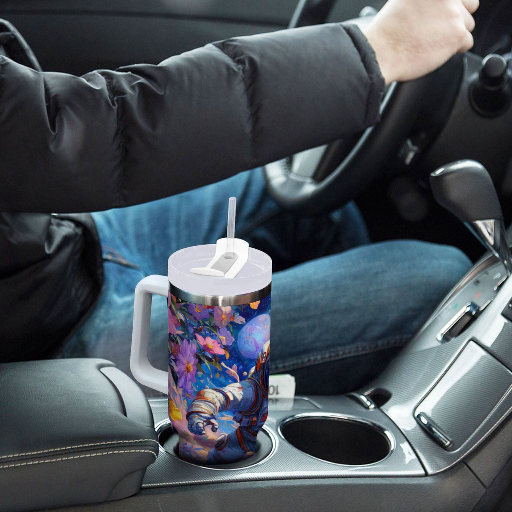 40 oz Insulated Stainless Steel Tumbler Double Wall Stainless Steel Tumbler with 2-Way Drinking Astronaut and Colorful Flowers C562D