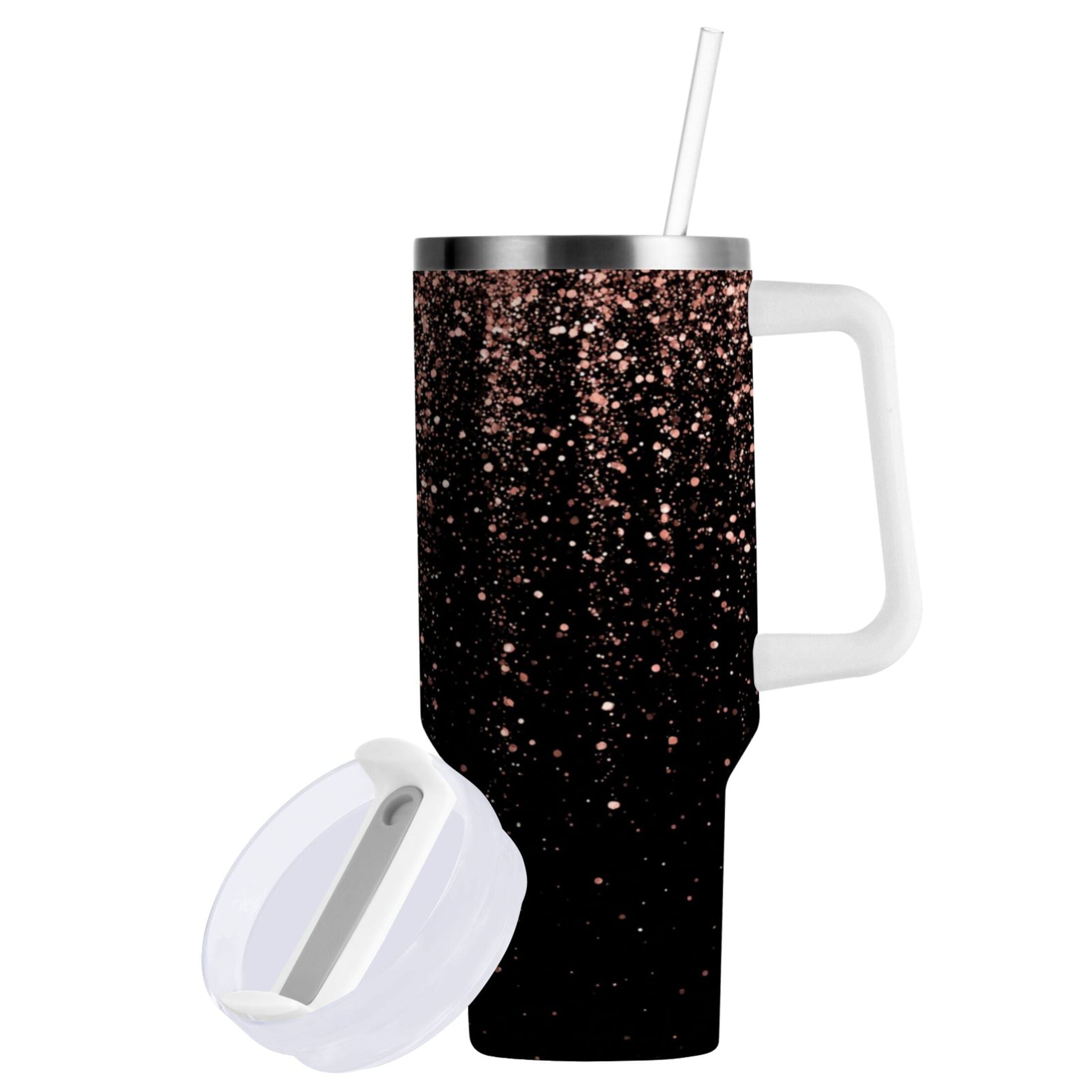 40 oz Insulated Stainless Steel Tumbler Double Wall Stainless Steel Tumbler with 2-Way Drinking Rose Gold Glitter C589P