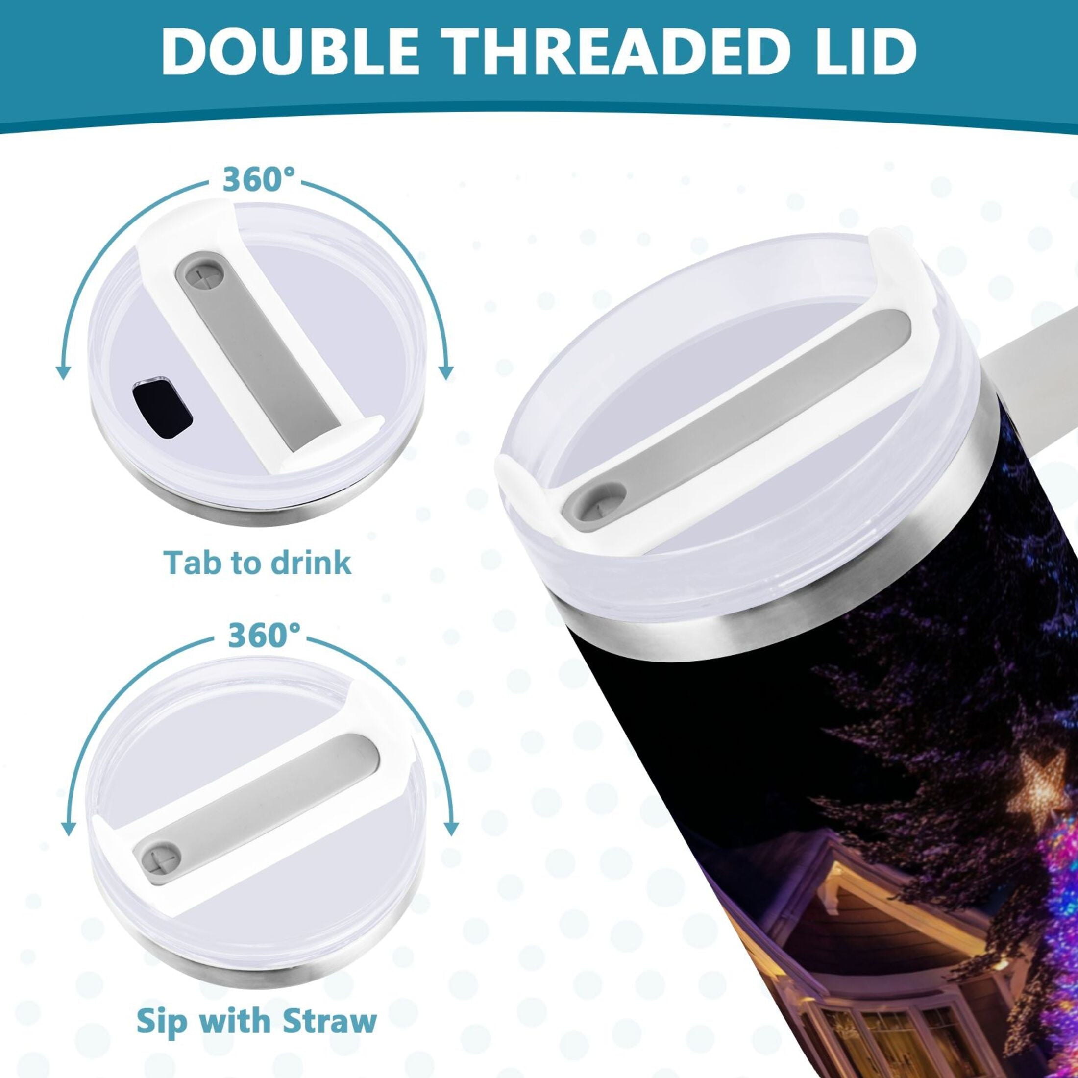 40 oz Insulated Stainless Steel Tumbler Double Wall Stainless Steel Tumbler with 2-Way Drinking Christmas Trees with Lights C664B
