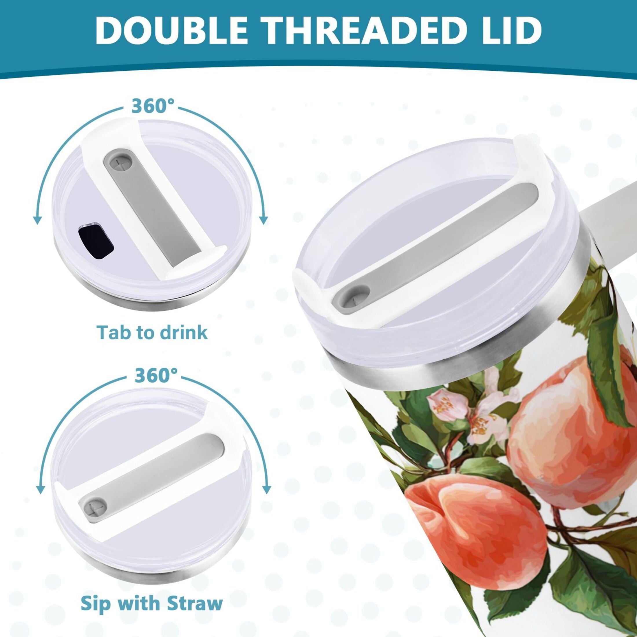 30 oz Insulated Stainless Steel Tumbler Double Wall Stainless Steel Tumbler with 2-Way Drinking Peach Fruit Pattern C503Y