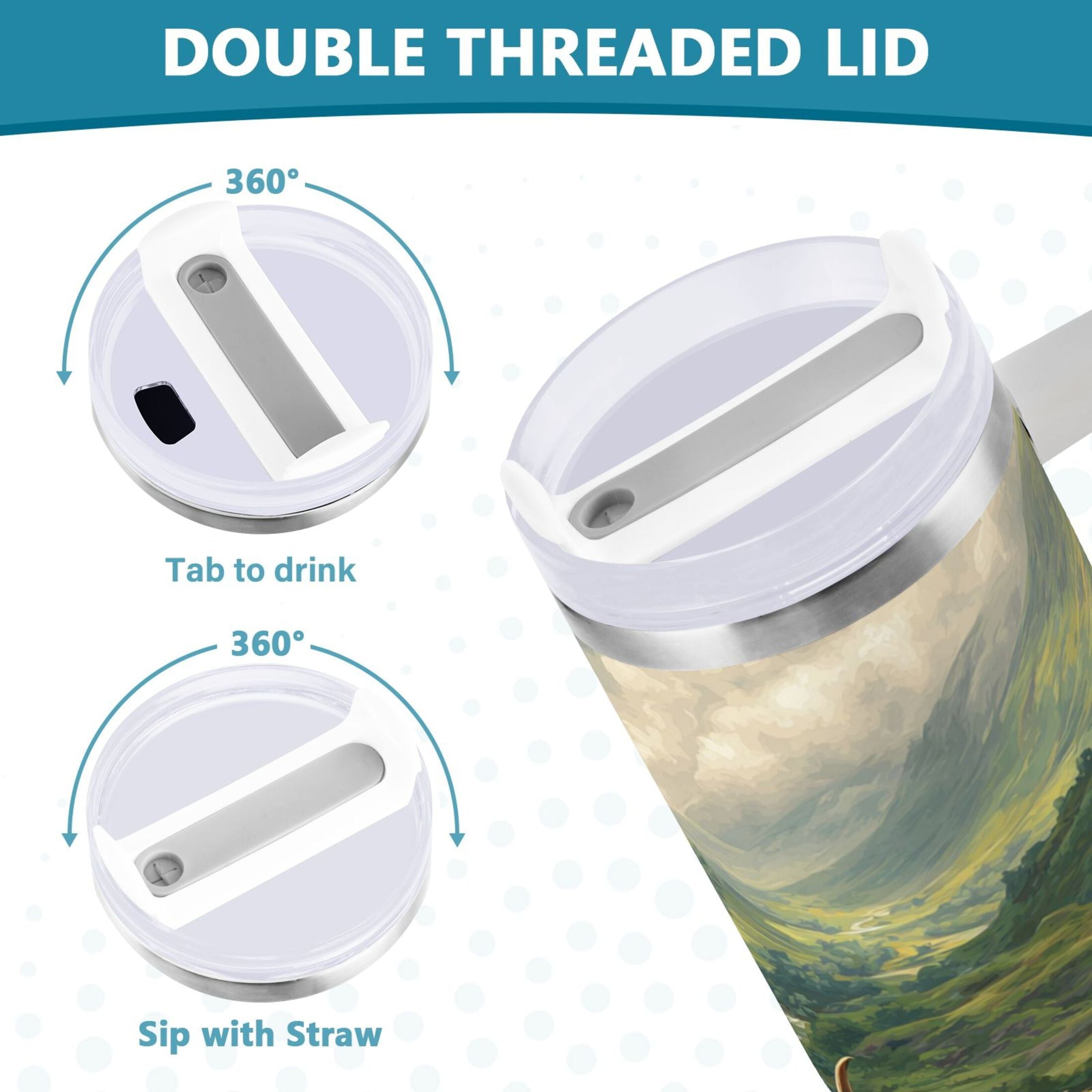 30 oz Insulated Stainless Steel Tumbler Double Wall Stainless Steel Tumbler with 2-Way Drinking Cow in Green Rolling Hills C586R