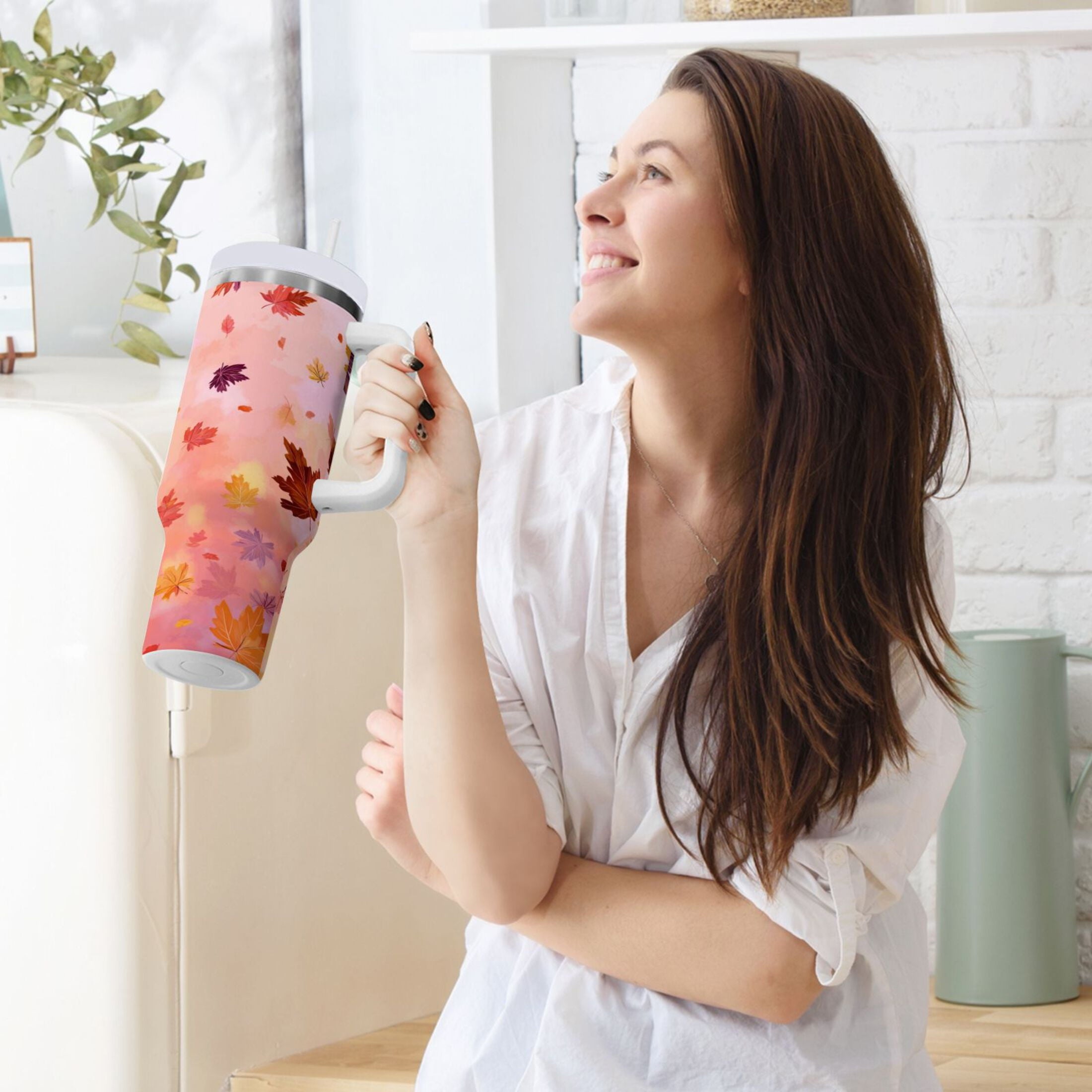 30 oz Insulated Stainless Steel Tumbler Double Wall Stainless Steel Tumbler with 2-Way Drinking Autumn Leaves Falling C588D