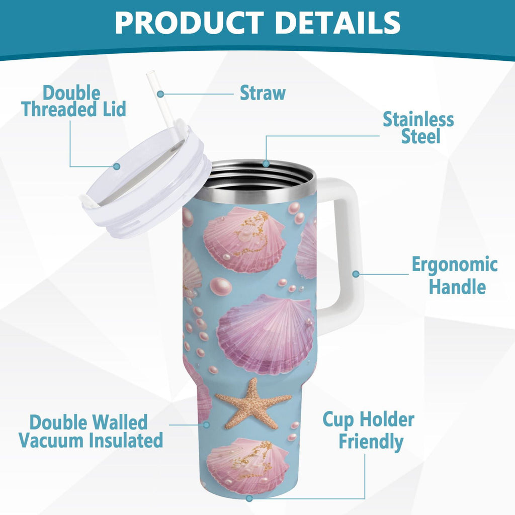 40 oz Insulated Stainless Steel Tumbler Double Wall Stainless Steel Tumbler with 2-Way Drinking Seashells and Pearls Pattern C569V
