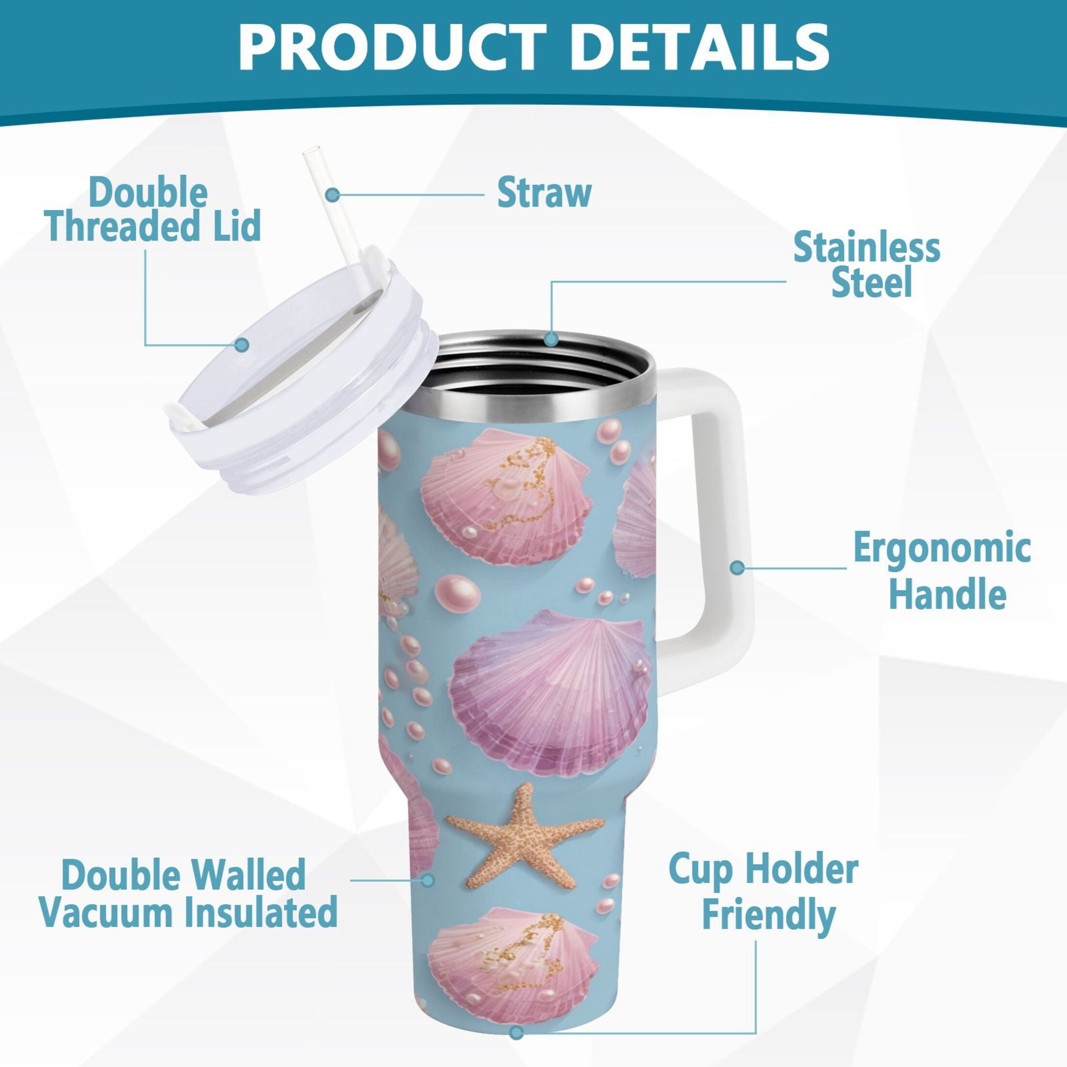 40 oz Insulated Stainless Steel Tumbler Double Wall Stainless Steel Tumbler with 2-Way Drinking Seashells and Pearls Pattern C569V