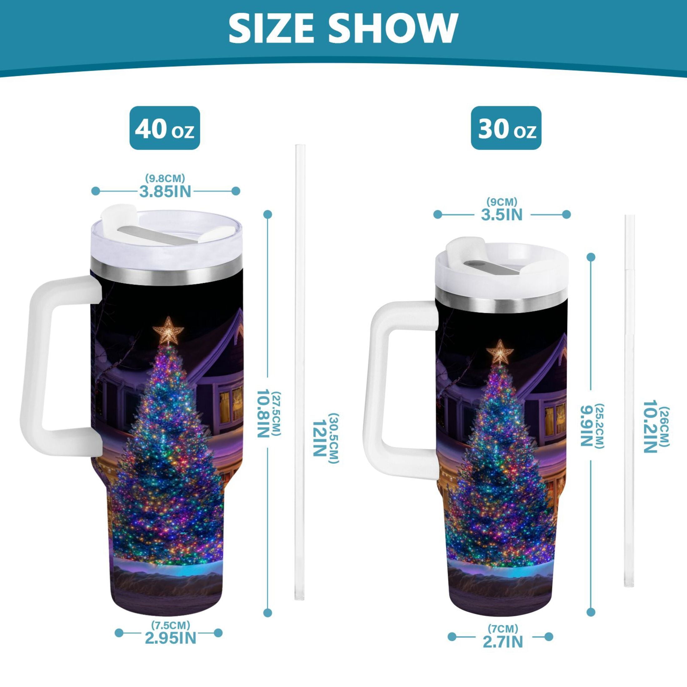 40 oz Insulated Stainless Steel Tumbler Double Wall Stainless Steel Tumbler with 2-Way Drinking Christmas Trees with Lights C664B