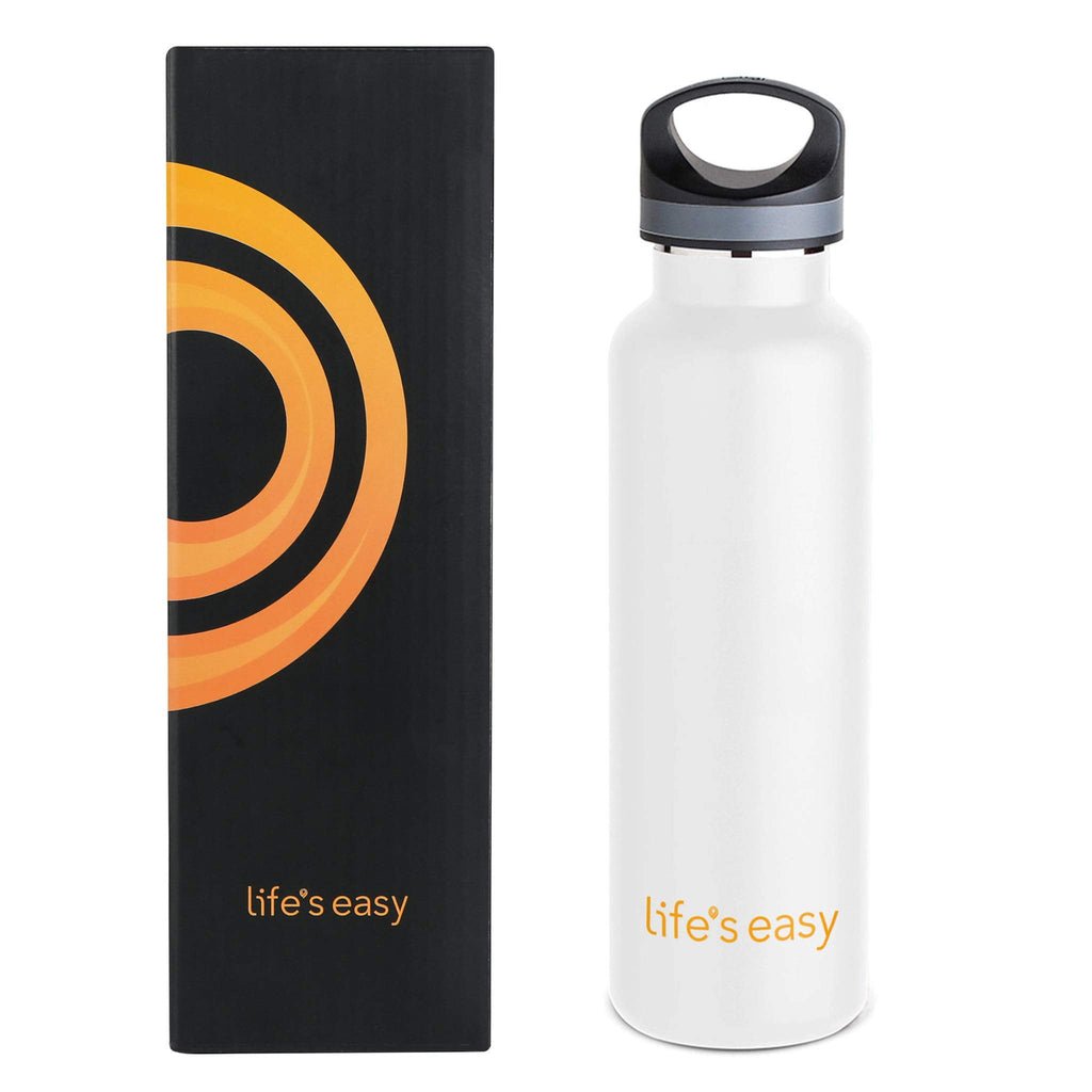 LIFE'S EASY 20 oz. Sports Insulated Water Bottle with Lid. Stainless Steel Vacuum Double Wall Thermo for Modern Hot and Cold Drinks, Simple Metal Hydro Canteen for Travel Men and Women (White) C417X
