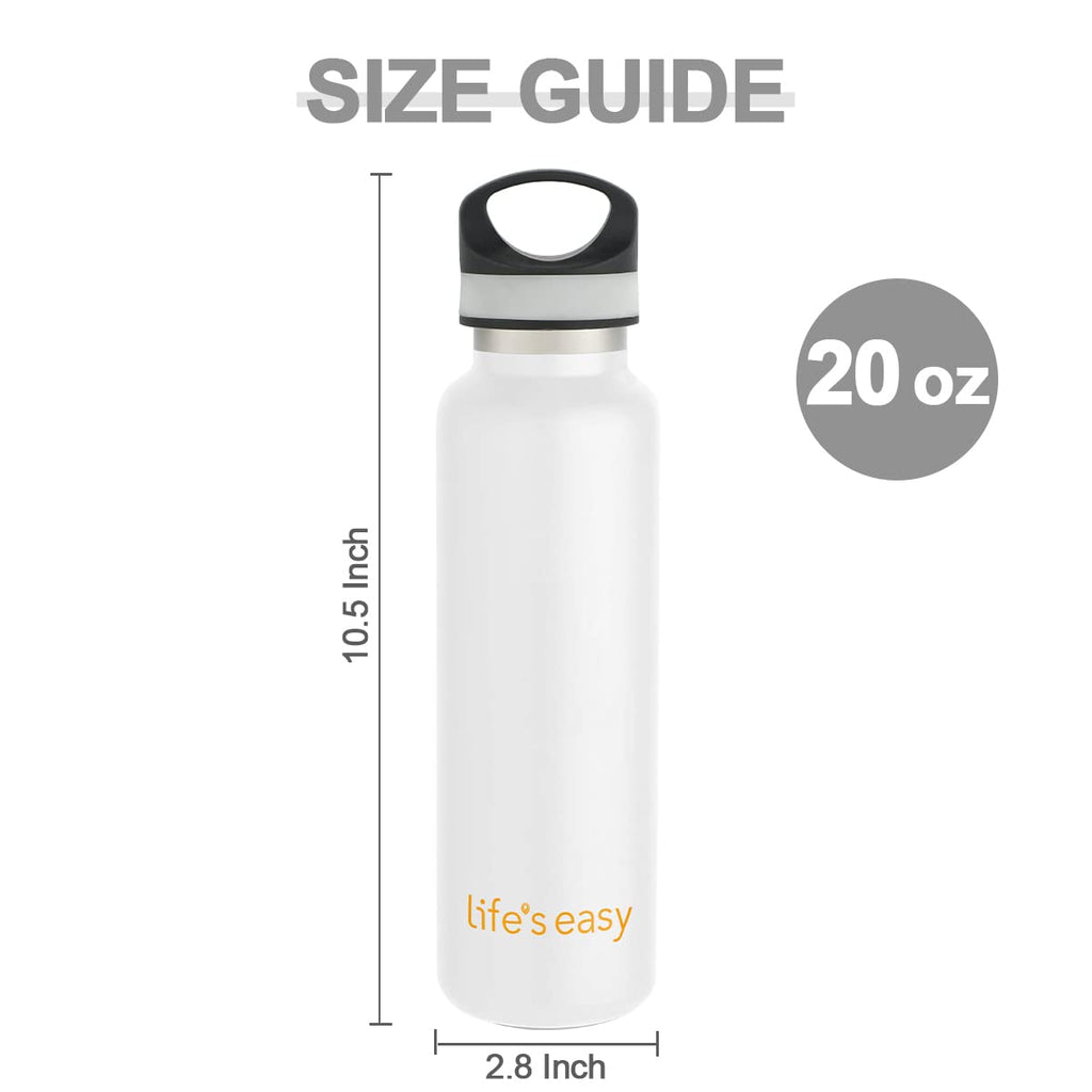 LIFE'S EASY 20 oz. Sports Insulated Water Bottle with Lid. Stainless Steel Vacuum Double Wall Thermo for Modern Hot and Cold Drinks, Simple Metal Hydro Canteen for Travel Men and Women (White) C417X