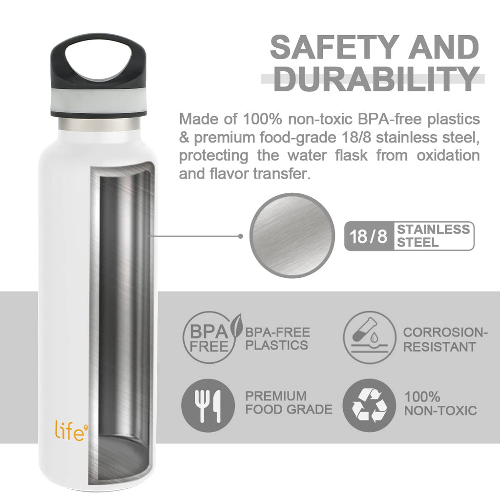 LIFE'S EASY 20 oz. Sports Insulated Water Bottle with Lid. Stainless Steel Vacuum Double Wall Thermo for Modern Hot and Cold Drinks, Simple Metal Hydro Canteen for Travel Men and Women (White) C417X