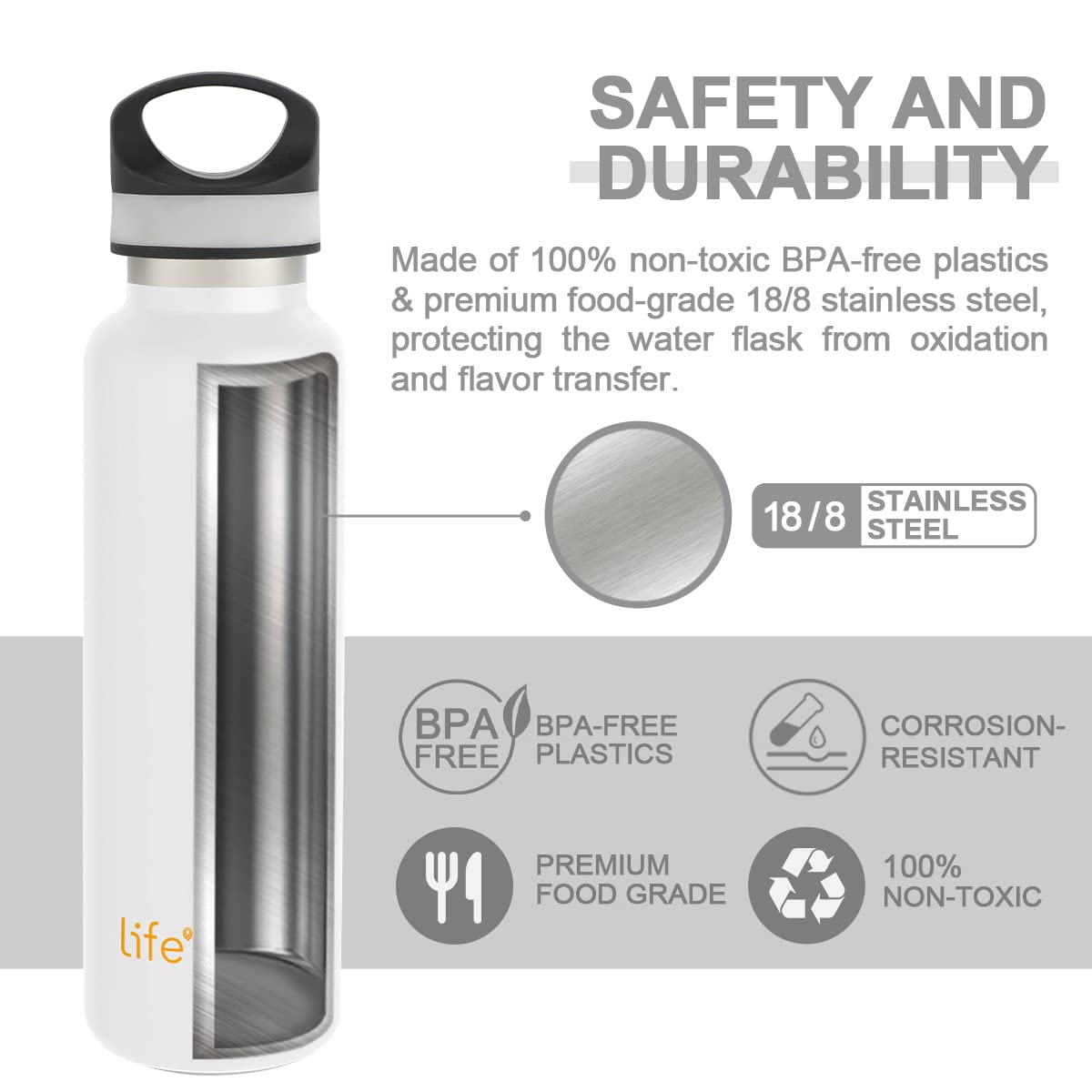 LIFE'S EASY 20 oz. Sports Insulated Water Bottle with Lid. Stainless Steel Vacuum Double Wall Thermo for Modern Hot and Cold Drinks, Simple Metal Hydro Canteen for Travel Men and Women (White) C417X