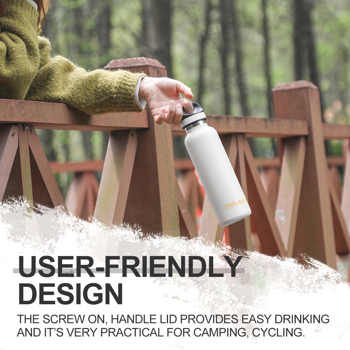 LIFE'S EASY 20 oz. Sports Insulated Water Bottle with Lid. Stainless Steel Vacuum Double Wall Thermo for Modern Hot and Cold Drinks, Simple Metal Hydro Canteen for Travel Men and Women (White) C417X