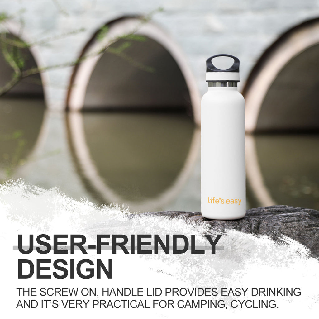 LIFE'S EASY 20 oz. Sports Insulated Water Bottle with Lid. Stainless Steel Vacuum Double Wall Thermo for Modern Hot and Cold Drinks, Simple Metal Hydro Canteen for Travel Men and Women (White) C417X