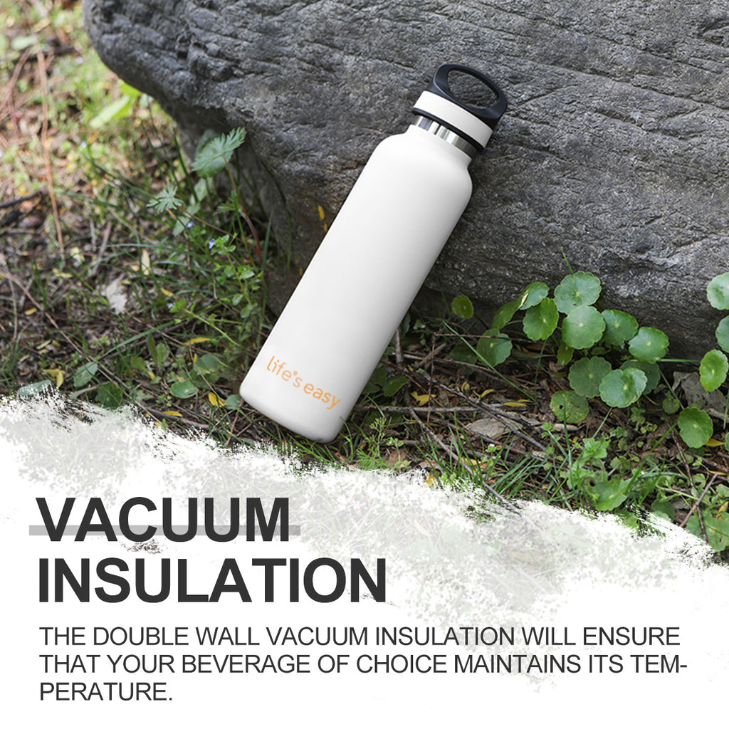 LIFE'S EASY 20 oz. Sports Insulated Water Bottle with Lid. Stainless Steel Vacuum Double Wall Thermo for Modern Hot and Cold Drinks, Simple Metal Hydro Canteen for Travel Men and Women (White) C417X