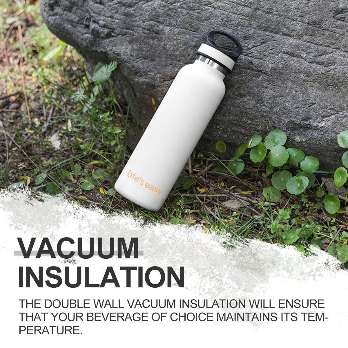 LIFE'S EASY 20 oz. Sports Insulated Water Bottle with Lid. Stainless Steel Vacuum Double Wall Thermo for Modern Hot and Cold Drinks, Simple Metal Hydro Canteen for Travel Men and Women (White) C417X