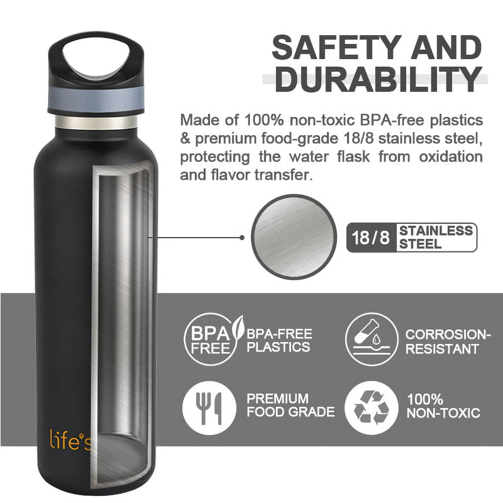 LIFE'S EASY 20 oz. Sports Insulated Water Bottle with Lid. Stainless Steel Vacuum Double Wall Thermo for Modern Hot and Cold Drinks, Simple Metal Hydro Canteen for Travel Men and Women (White) C417X