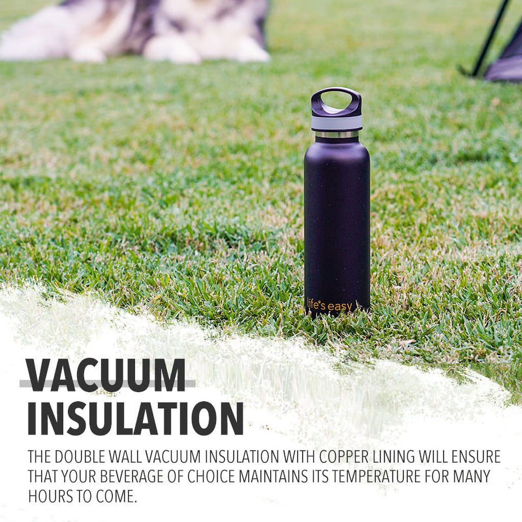 LIFE'S EASY 20 oz. Sports Insulated Water Bottle with Lid. Stainless Steel Vacuum Double Wall Thermo for Modern Hot and Cold Drinks, Simple Metal Hydro Canteen for Travel Men and Women (White) C417X