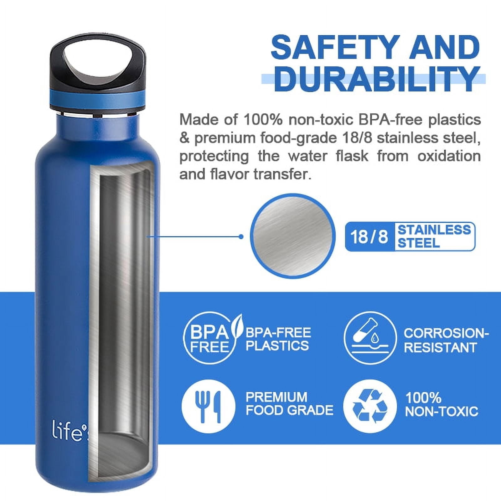 LIFE'S EASY 20 oz. Sports Insulated Water Bottle with Lid. Stainless Steel Vacuum Double Wall Thermo for Modern Hot and Cold Drinks, Simple Metal Hydro Canteen for Travel Men and Women (White) C417X