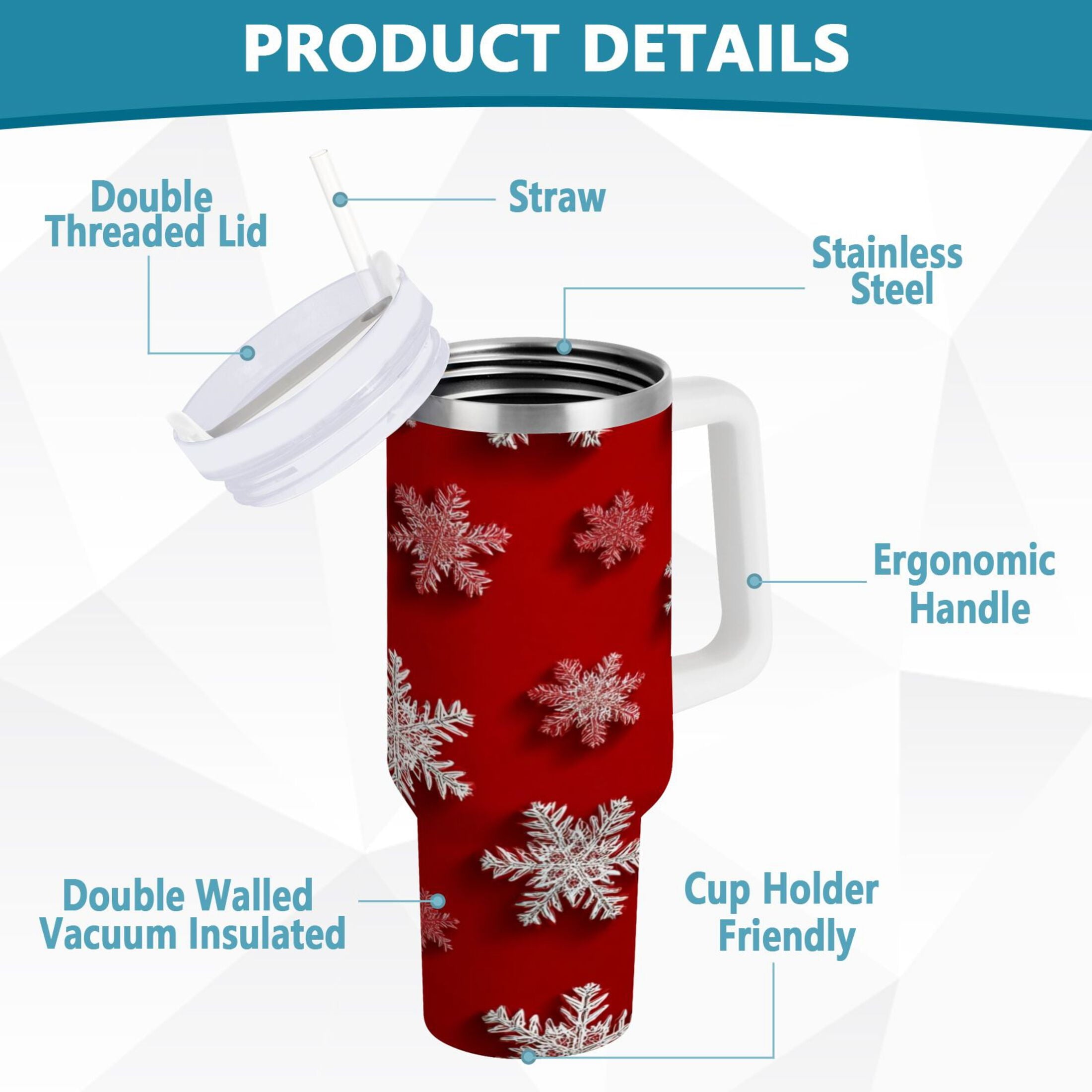 30 oz Insulated Stainless Steel Tumbler Double Wall Stainless Steel Tumbler with 2-Way Drinking Red and White Snowflakes C554D
