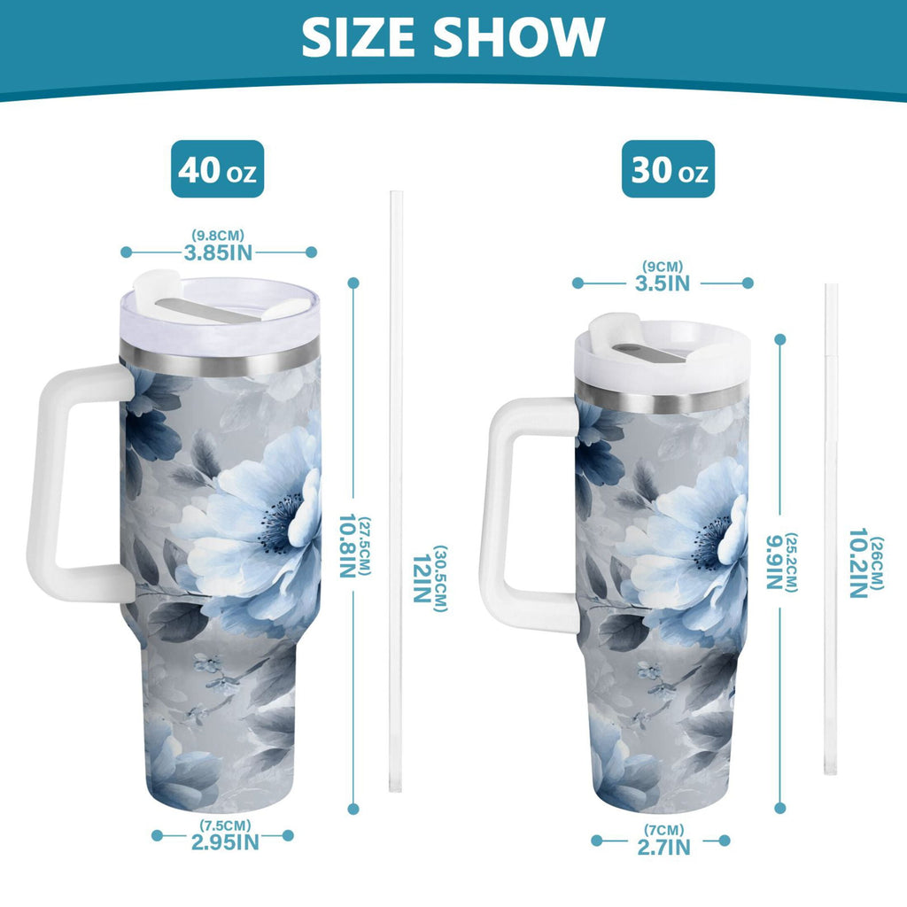 40 oz Insulated Stainless Steel Tumbler Double Wall Stainless Steel Tumbler with 2-Way Drinking White Floral Pattern C584C