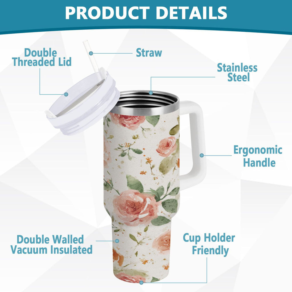 40 oz Insulated Stainless Steel Tumbler Double Wall Stainless Steel Tumbler with 2-Way Drinking Watercolor Rose Floral Pattern C499A