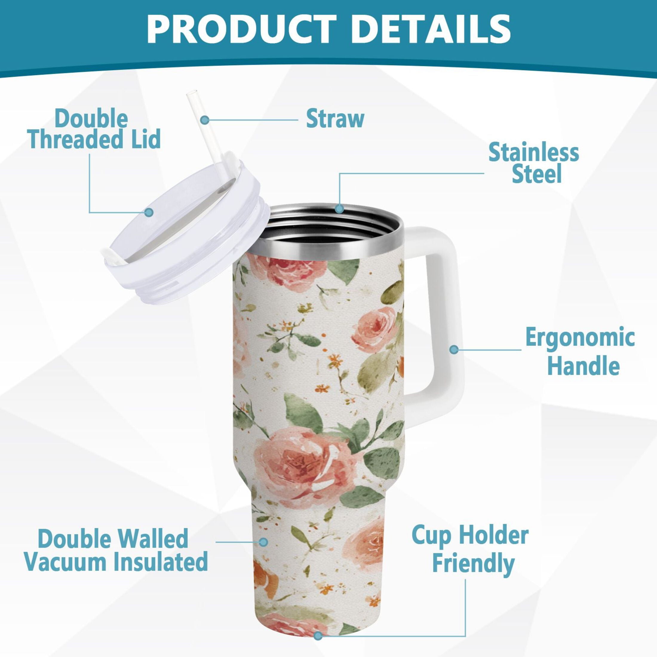 40 oz Insulated Stainless Steel Tumbler Double Wall Stainless Steel Tumbler with 2-Way Drinking Watercolor Rose Floral Pattern C499A