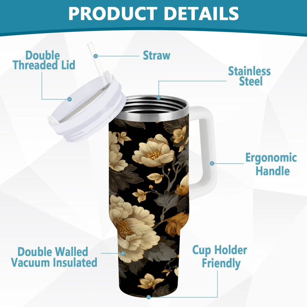 30 oz Insulated Stainless Steel Tumbler Double Wall Stainless Steel Tumbler with 2-Way Drinking Elegant Beige Floral C486N