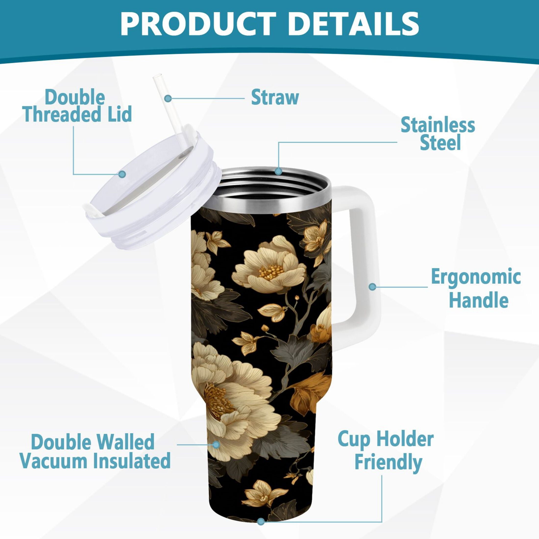 30 oz Insulated Stainless Steel Tumbler Double Wall Stainless Steel Tumbler with 2-Way Drinking Elegant Beige Floral C486N