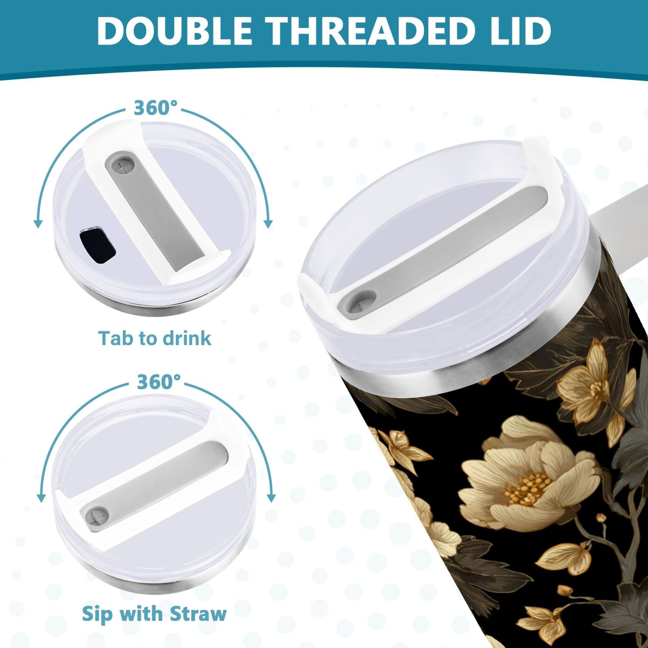 30 oz Insulated Stainless Steel Tumbler Double Wall Stainless Steel Tumbler with 2-Way Drinking Elegant Beige Floral C486N