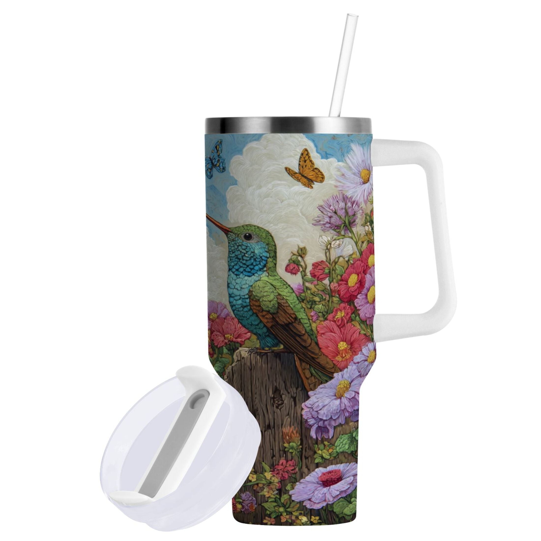 30 oz Insulated Stainless Steel Tumbler Double Wall Stainless Steel Tumbler with 2-Way Drinking Hummingbirds and Flowers C480C