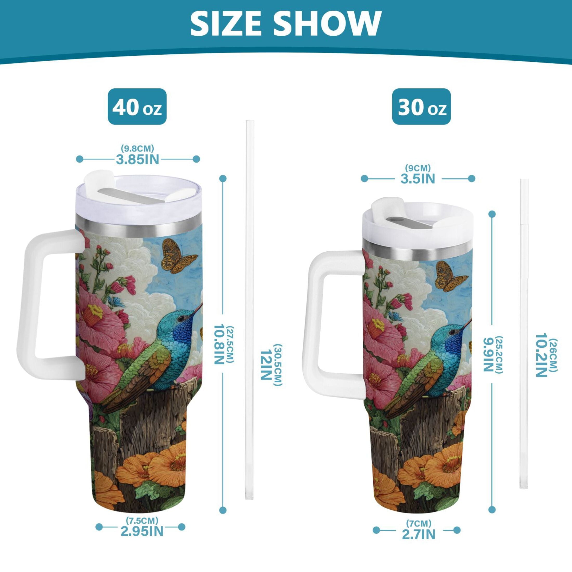 30 oz Insulated Stainless Steel Tumbler Double Wall Stainless Steel Tumbler with 2-Way Drinking Hummingbirds and Flowers C480C