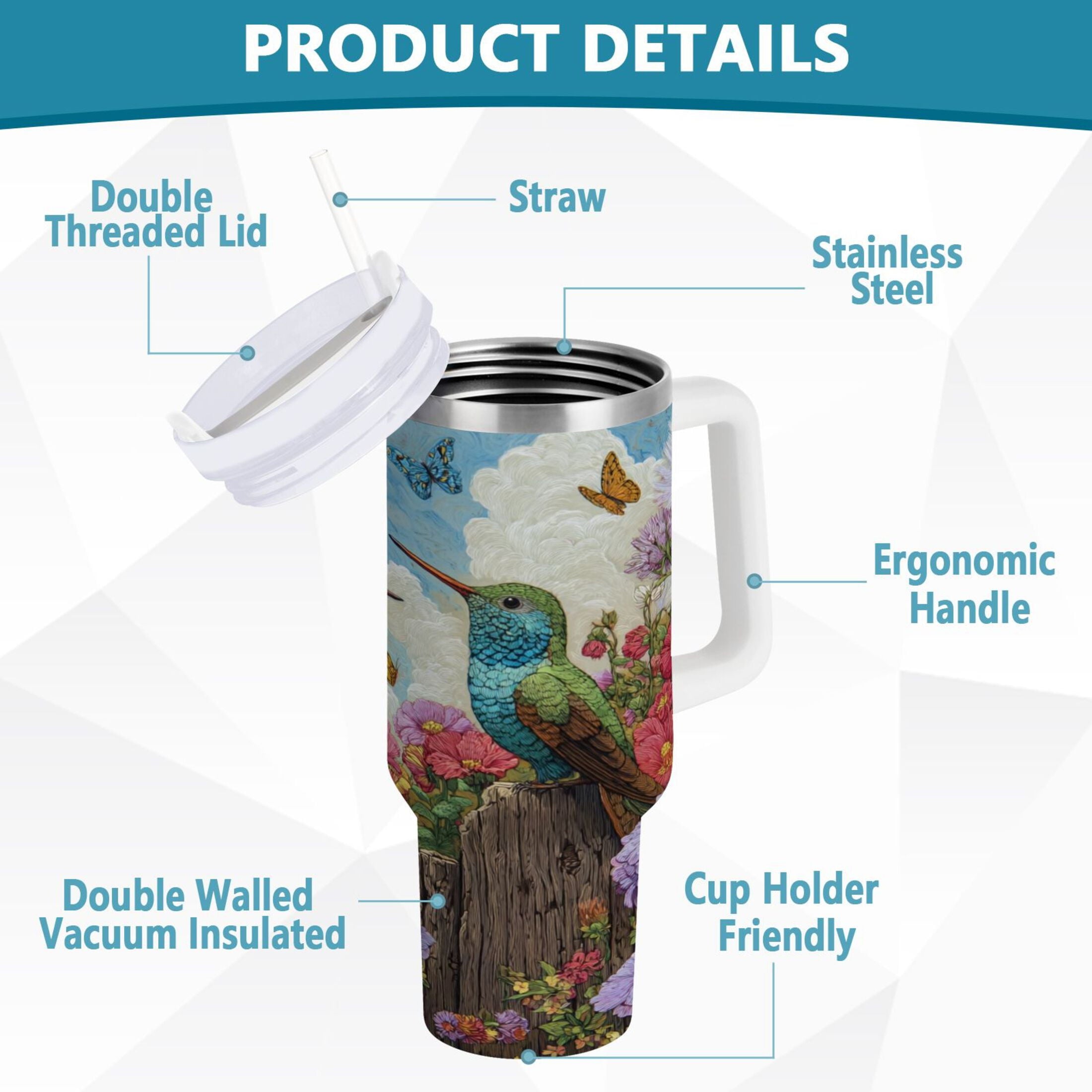 30 oz Insulated Stainless Steel Tumbler Double Wall Stainless Steel Tumbler with 2-Way Drinking Hummingbirds and Flowers C480C
