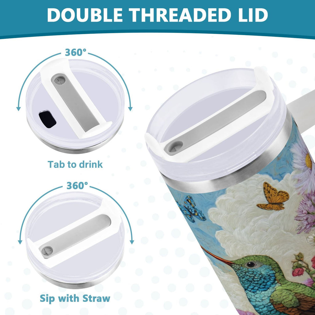 30 oz Insulated Stainless Steel Tumbler Double Wall Stainless Steel Tumbler with 2-Way Drinking Hummingbirds and Flowers C480C